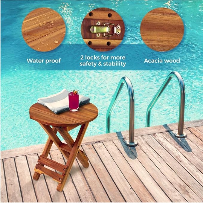 Small Patio Table, Outdoor Folding Side Table, Portable Side Table, Small Side Table, Accent Table, Small Coffee End Table, Wood Table Top for Living Room, Bedroom... (Round - Acacia - Set 2)