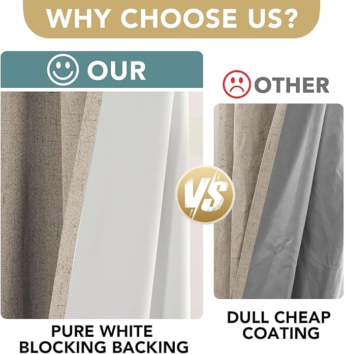 H.VERSAILTEX Linen Curtains 100% Blackout Curtains for Bedroom 102 inch Long Full Light Blocking Nature Linen Blended Window Curtains for Living Room Nickel Grommet (2 Panels, Cobblestone)