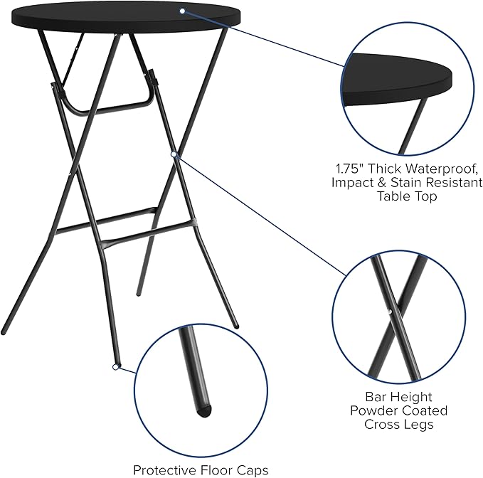 Flash Furniture Elon Round Folding Bar Height Table for Parties and Commercial Events, Indoor/Outdoor Plastic Bar Height Folding Table, 32", Set of 4, Black