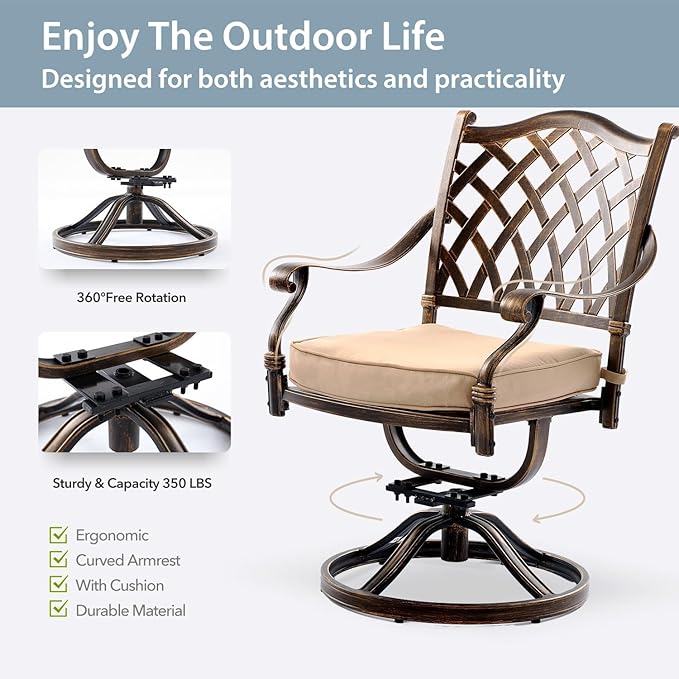 5-Piece Cast Aluminum Patio Furniture, Patio Dining Set for 4 Include 54" Round Outdoor Dining Table and 4 Swivel Chairs with Cushions & Umbrella Hole (Bronze)