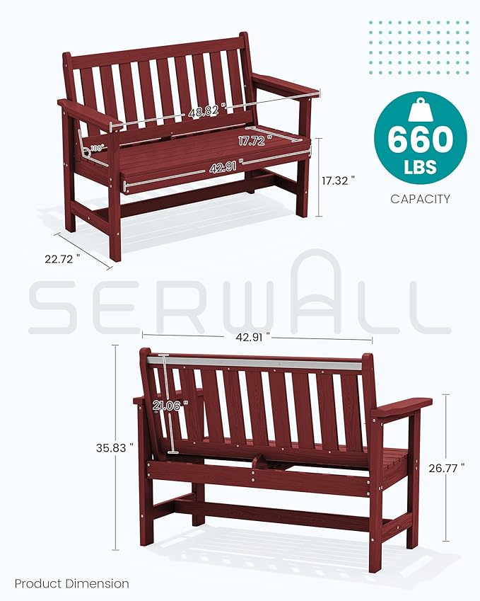 SERWALL Outdoor Bench, HDPE Outdoor Benches Weatherproof, 2-Person Garden Bench with 660 lbs Weight Capacity, Patio Benches for Outdoors, Garden, Porch, Backyard and Park, Red, 4 Pack