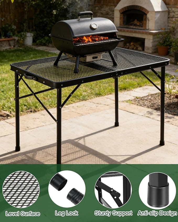 3 ft Folding Table with Adjustable Height (16.5" & 26"), Black Metal Mesh Table with Carry Handle, Portable for Camping, Tailgating, BBQ, Picnic & Indoor, Fits 3–6 People, 7.5 lb, Supports 66 lb