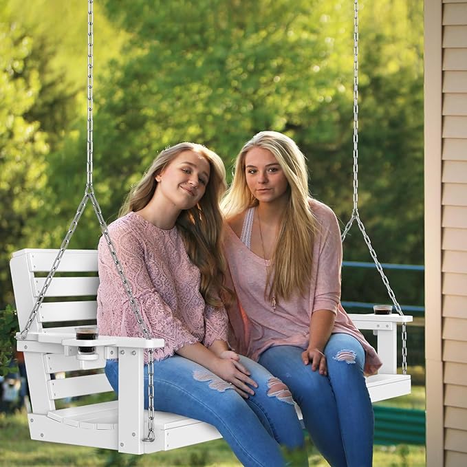 Plawdlik Porch Swings,2 Seat Patio Chair with Two Cup Holders,HDPE Waterproof Bench for Courtyard-White