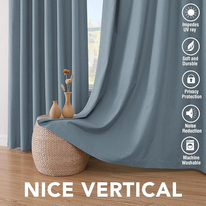 H.VERSAILTEX Linen Blackout Curtains 54 Inches Long 100% Blackout Thermal Insulated Textured Linen Look Curtain Draperies Anti-Rust Grommet, Energy Saving with White Liner, 2 Panels, Stone Blue