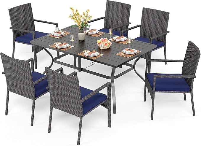 PHI VILLA 7 Piece Patio Dining Set for 6, Outdoor Slatted Metal Dining Table with Umbrella Hole & Cushioned Wicker Chairs for Patio, Deck, Yard, Porch