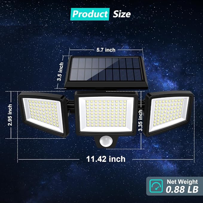 Tuffenough Solar Outdoor Lights 2500LM 210 LED Security Lights with Remote Control,3 Heads Motion Sensor Lights, IP65 Waterproof,270° Wide Angle Flood Wall Lights with 3 Modes(4 Pack)