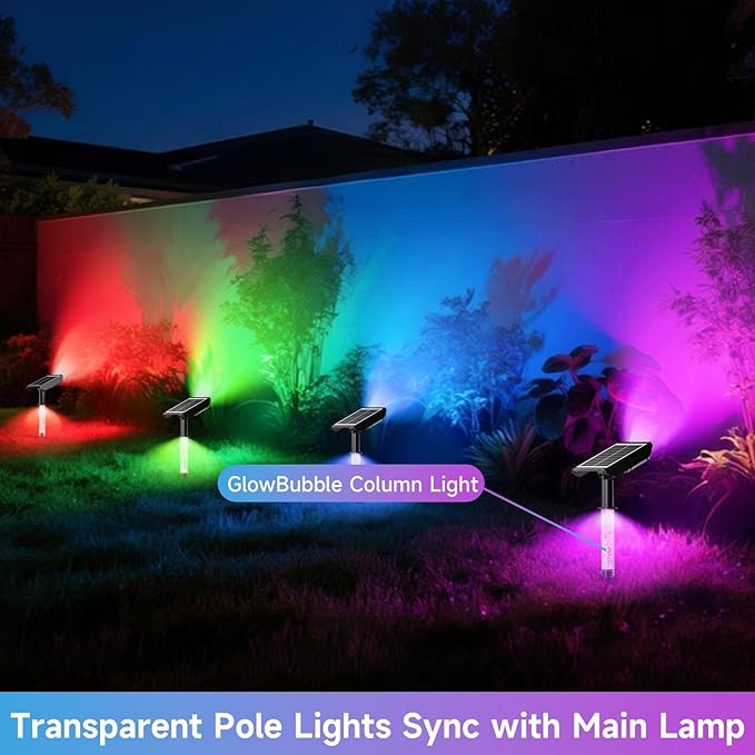 Color Changing Solar Spot Lights Outdoor with PC Light Guide Column, 8 Lighting Modes Christmas Outdoor Spotlight, IP65 Waterproof RGB Solar Spotlight for Garden Yard Tree Pathway, 4Pack