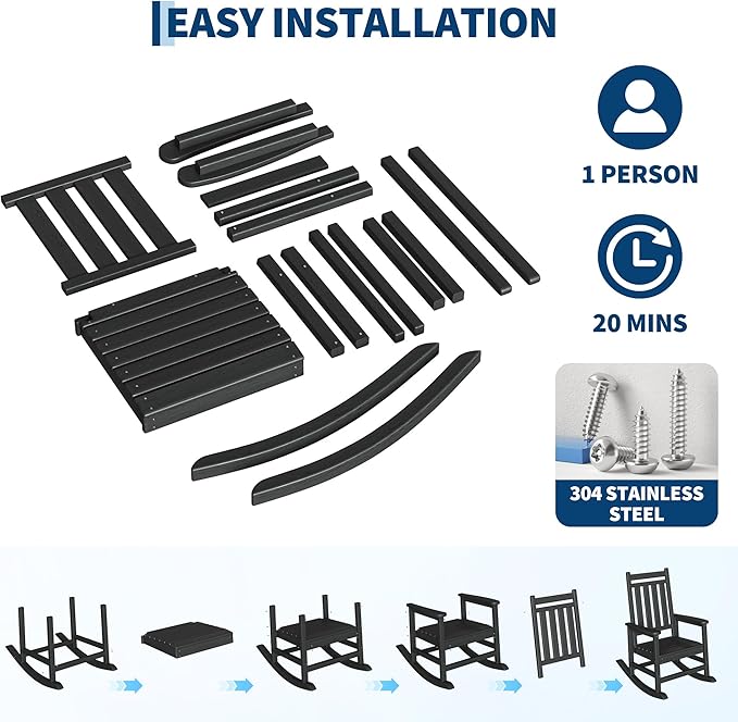HDPE Rocking Chair Outdoor Set of 2 with Side Table - Poly High Back Porch Rocker Chairs for Adults - All Weather Resistant Furniture for Patio Front Porch - Black