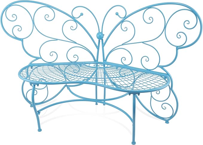 Alpine Corporation BAZ400BL Indoor Outdoor Metal Butterfly Shaped Garden Bench, 62" Long, Blue