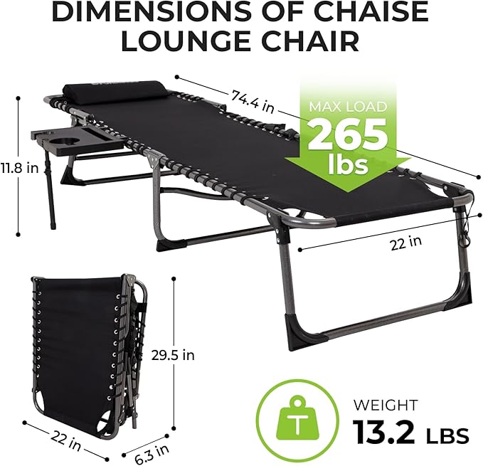 FUNDANGO Chaise Lounge Chair Outdoor, 5-Position Folding Tanning Chair with Detachable Side Table & Pillow, 180° Lay Flat Portable Beach, Heavy Duty U-Frame for Patio, Pool, Lawn, 265lbs (Black)