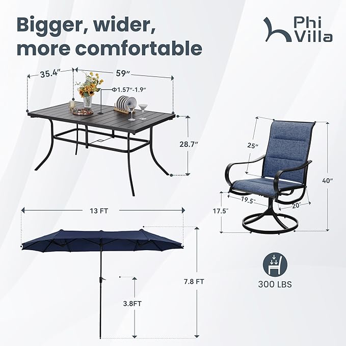 PHI VILLA 8 Piece Patio Dining Set with 13ft Patio Umbrella (Navy Blue), 6 Outdoor Padded Swivel Dining Chairs & 1 Large Metal Dining Table with 1.57" Umbrella Hole, for Lawn Garden Backyard