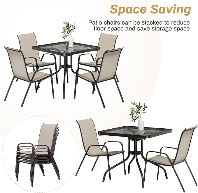 Arlopu 5 Piece Outdoor Patio Dining Set (Umbrella not Included), Porch Furniture with 4 Textline Chairs, 1 Square Glass Table for Garden, Backyard and Poolside, Lawn (Beige)