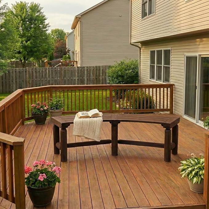 FORTUNO Outdoor Wooden Curved Backless Porch Bench Rustic Style Cedar/Fir Wood Log Fire Pit Bench for Patio Garden Deck and Backyard, 40"-54.7" W×13" D×16.5" H, Mocha