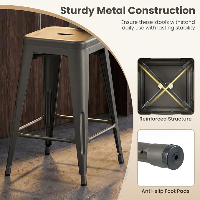 COSTWAY 24'' Metal Bar stools Set of 4, with Removable Back, Counter Height Stools with Rubber Feet, Stylish and Modern Chairs, for Kitchen, Dining Rooms, and Side Bar (Gun-Update, 24'')