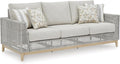 Signature Design by Ashley Seton Creek Cottage Nuvella Weather Resistant Fabric Outdoor Sofa with Cushion and 4 Throw Pillows, Light Brown & Light Gray