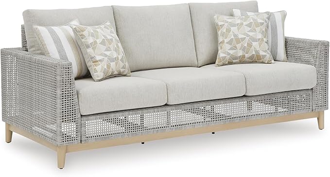 Signature Design by Ashley Seton Creek Cottage Nuvella Weather Resistant Fabric Outdoor Sofa with Cushion and 4 Throw Pillows, Light Brown & Light Gray