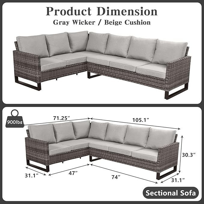 Belord Outdoor Sectional Sofa 6 Seater L Shaped Couch Wicker Patio Conversation Furniture Set Rattan Outdoor Furniture with Removable Washable Cushion Beige