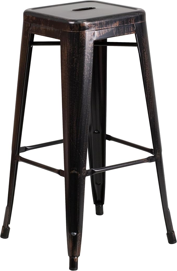 Flash Furniture Lily 4 Pack Commercial Grade 30" High Backless Black-Antique Gold Metal Indoor-Outdoor Barstool with Square Seat