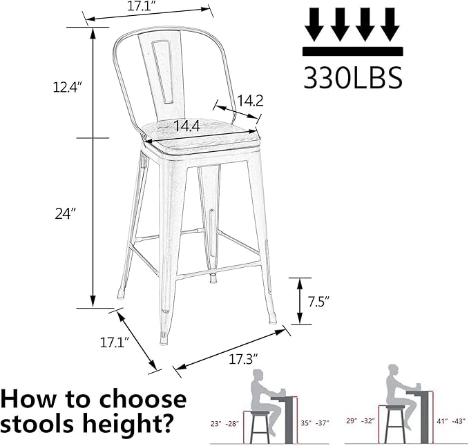 Alunaune 24" Swivel Metal Bar Stools Set of 4 High Back Counter Height Barstools Industrial Dining Bar Chairs with Large Wooden Seat-Matte Black
