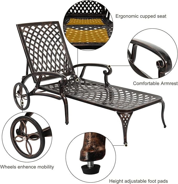 VINGLI Cast Aluminum Outdoor Chaise Lounge Chair with Wheels, Patio Chaise Lounge with 3-Position Adjustable Backrest, Tanning Chair Reclining Chair for Poolside (Bronze, with Cushion)
