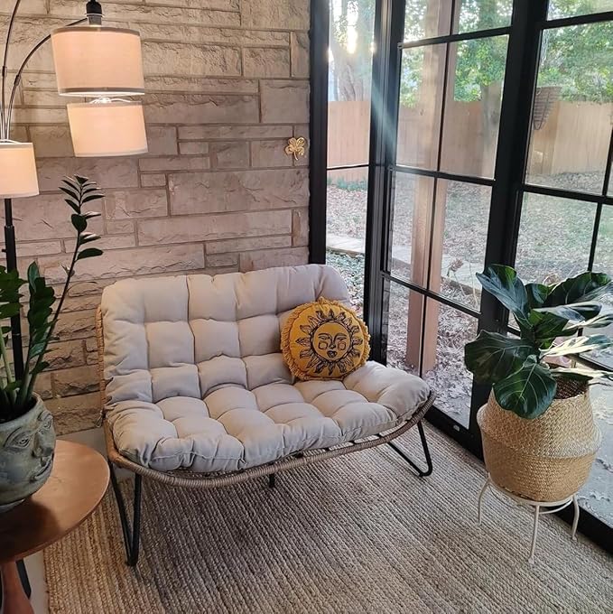 Crestlive Products Outdoor Loveseat, 2 Seater Outdoor Couch with Soft Cushion, All-Weather Boho Rattan Patio Furniture for Balcony, Poolside, Backyard, Porch (Beige)