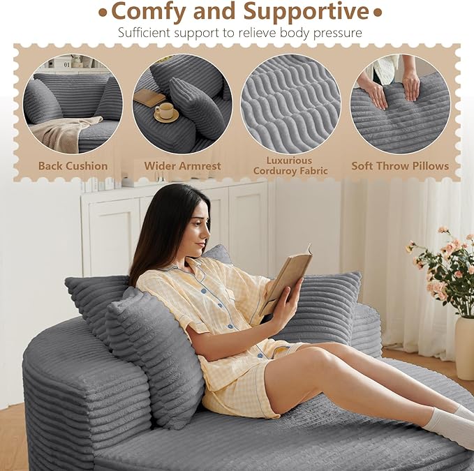 Oversized Round Chair Lounge Chaise Indoor, Upholstered Corduroy Deep Seat Cloud Large Circle Sofa Chair, No Assembly Required, Fluffy Modern Sleeper Sofa Bed for Reading, Living Room, Dark Gray