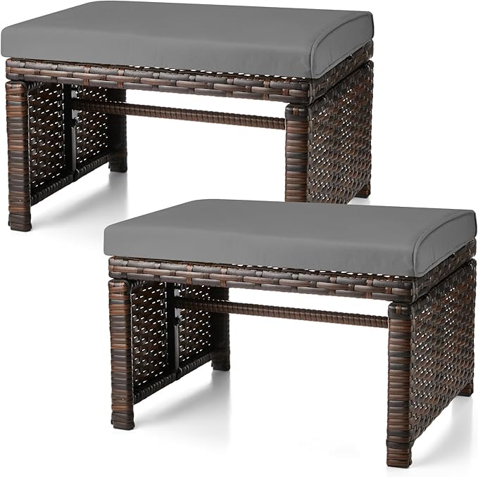 2 Pcs Patio Rattan Ottomans Outdoor Wicker Ottomans Patio Footstool Footrest with Removable Cushion Soft Zippered Cushions Function Footstool Seat Table for Backyard Balcony Poolside(Gray, Black)