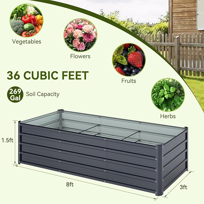 Ohuhu 8x3x1.5FT Metal Raised Garden Bed Outdoor, Reinforced Galvanized Steel Rustproof Planter Box, 100% Non-Toxic, 269 Gal Large Capacity Heavy Duty Raised Beds for Growing Vegetables Flowers Herbs