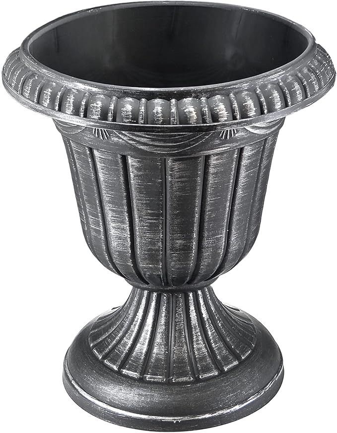 Arcadia Garden Products PL10SL Classic Traditional Plastic Urn Planter Indoor/Outdoor, 15" x 13", Brushed Silver