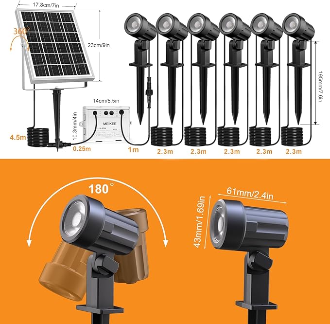 MEIKEE 6 in 1 Solar Spotlights Outdoor, 6W/6V Solar Powered Landscape Lights IP66 Waterproof Auto On/Off Landscape Spotlights with 3 Colors 56ft Cord for Garden Path Yard Patio Light