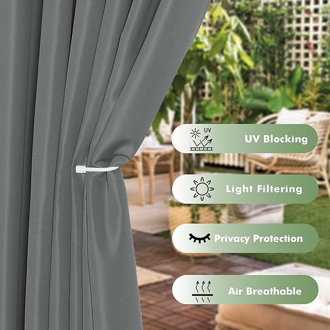 HolidayIdeas Waterproof Outdoor Curtains for Patio, 6 Panels - 54x120 Inches - Weatherproof Privacy Outsides Curtains for Backyard Porch Gazebo, Sunlight & UV Blocking (Grey, Grommet Top)