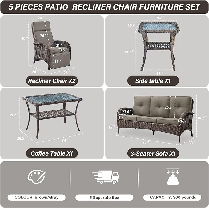 Belord 5 Piece Patio Furniture Set with Recliner Chair - Removable Outdoor Patio Couch Set, Chaise Lounge Chair Outdoor with Adjustable Backrest and Footrest for Casual Gathering Brown/Gray