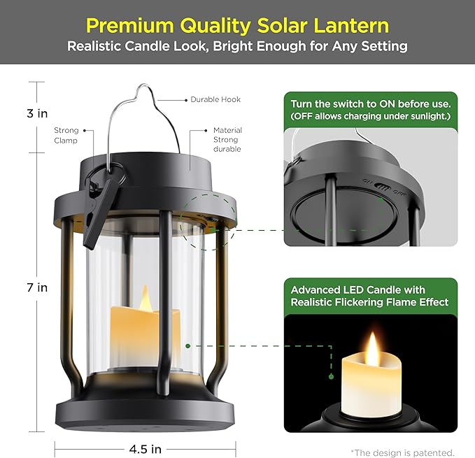 Solar Lantern Outdoor & Indoor Use – Hanging Solar Lights with Realistic Flickering Flameless Candle, Weatherproof for Gardens, Patios, Trees, and Lawns (Black, 8 Pack)