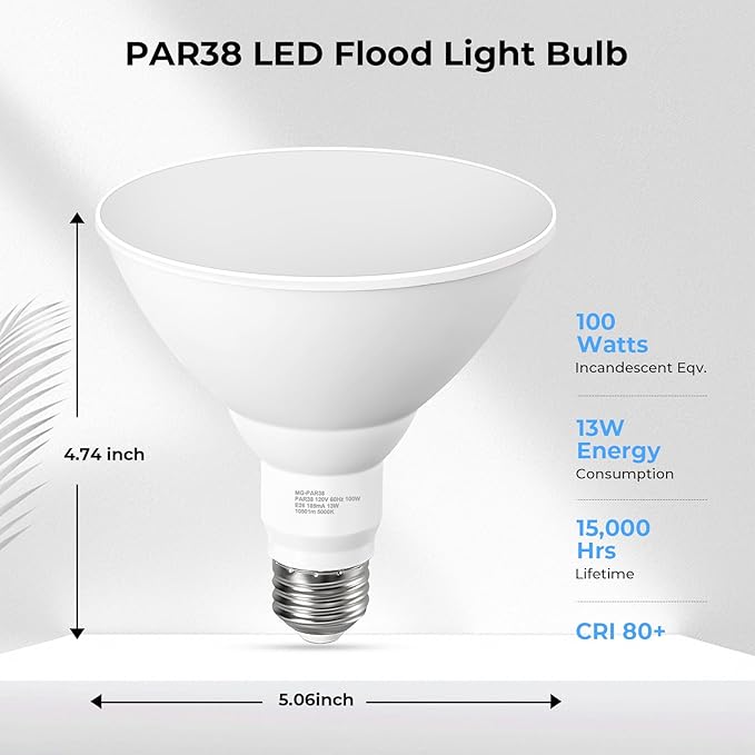 10 Pack PAR38 LED Flood Light Bulbs Outdoor, 100W Equivalent, Daylight White 5000K, 1050LM, 13W Dimmable, Waterproof LED Floodlight for Porch Yard Garage, E26 Base, 15,000 Hrs