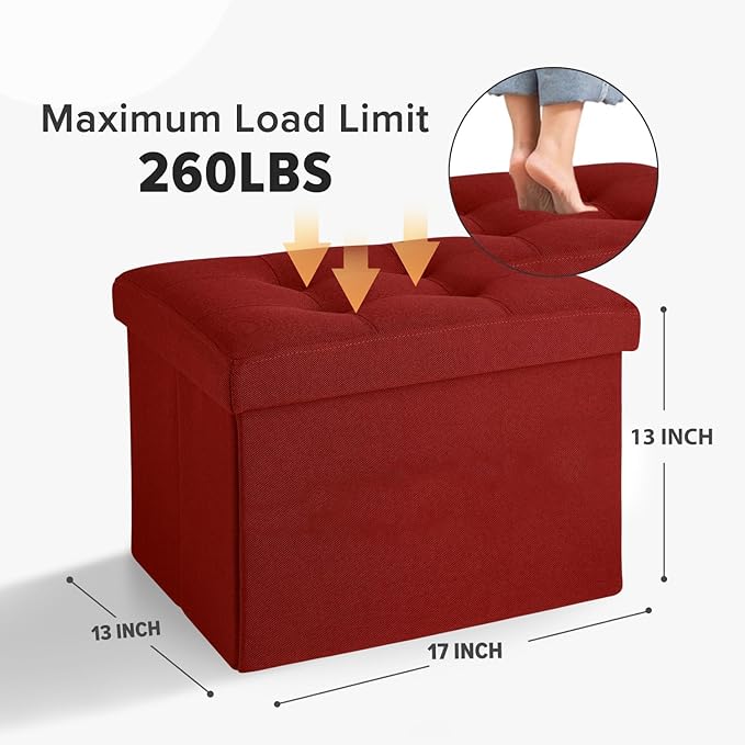LINMAGCO Small Storage Ottoman Stool Foot Rest Stool Under Desk Stool Short Folding Ottoman Linen Cloth 17X13X13IN(Red)