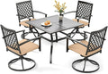 PHI VILLA 5 Pieces Outdoor Dining Set for 4, 37” Square Metal Steel Table with Mesh Tabletop & Swivel Wrought Iron Chairs with Cushions, Outside Furniture Set for Patio, Deck, Yard, Porch
