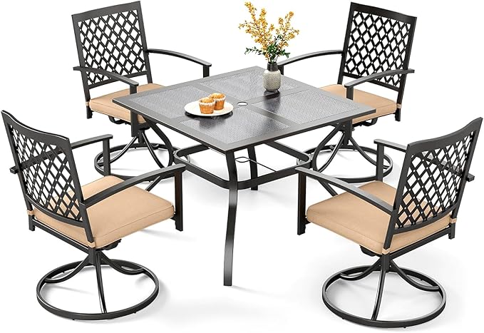 PHI VILLA 5 Pieces Outdoor Dining Set for 4, 37” Square Metal Steel Table with Mesh Tabletop & Swivel Wrought Iron Chairs with Cushions, Outside Furniture Set for Patio, Deck, Yard, Porch
