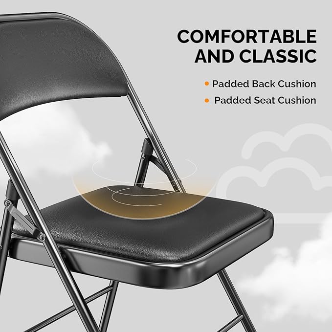 VINGLI 6 Pack Folding Chairs with Padded Seats, Metal Frame with Pu Leather Seat & Back, Capacity 350 lbs, Black