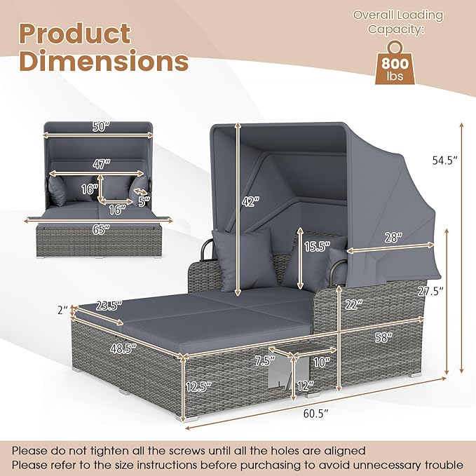 RELAX4LIFE Patio Outdoor Daybed with Canopy, Wicker Rattan Sunbed w/Cushions, 4 Pillows & 2 Retractable Side Trays, 2-Person Lounge Bed Conversation for Poolside Porch Garden (Gray-Grey)