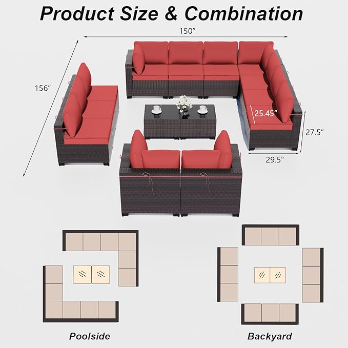 ALAULM Patio Furniture Set with Coffee Table, 14 Pieces Outdoor Sectional with Wide Seat and Thick Cushion, All Weather Wicker Rattan Conversation Set for Backyard, Garden, Deck, Red