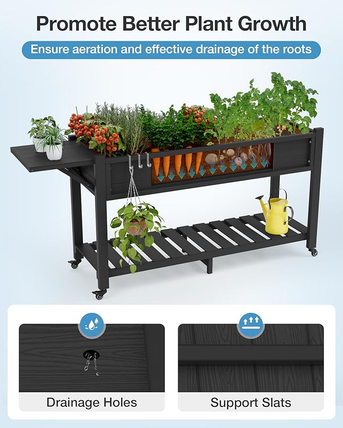 YEFU Raised Garden Bed with Legs: 57x18x30in Elevated Poly Planter with Wheels,Waterproof Mobile Raised Bed Garden, Elevated Planter Box Stand with Storage Shelf,For Deck,Patio,Porch,Yard (Black,2pcs)