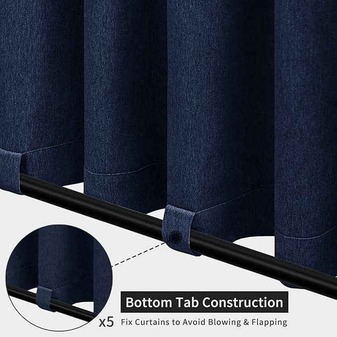 Easy-Going Linen Look Outdoor Curtains Waterproof Windproof Porch Curtains, Soft Thicken Outdoor Privacy Curtains for Patio, Gazebo, Grommet Top and Tab Bottom Drape, 1 Panel, 110x108 inch, Navy