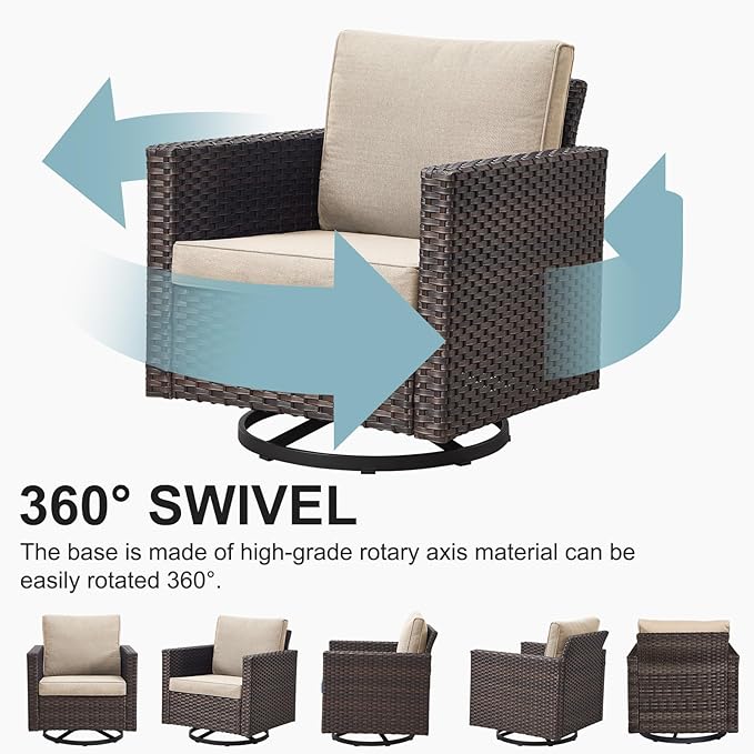 Belord Spacious 11 Pieces Patio Conversation Set - 5-Seater Outdoor Furniture Sectional Sets with Swivel Glider Chairs Set of 4 and Storage Box, Metal Top Coffee Table with Embedded Ottoman Brown