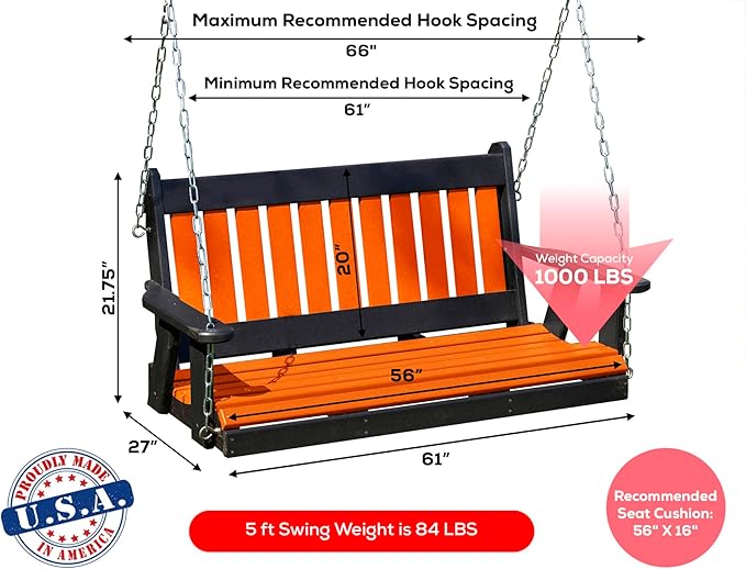 Mission Poly Lumber Wood 5FT Porch Swing Amish Craftsmandship Made in USA HDPE with No Wood fibers 1000 lbs Limit. Stainless Steel Hardware.Signature Design for Patio Outdoor Backyard Garden Park