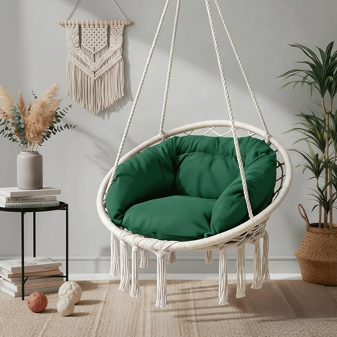 Monibloom Hanging Hammock Chair w/Dark Green Cushion, Porch Macrame Swing Chair Hanging Chairs, Max 350 Lbs Capacity Hanging Swing for Adults & Teens, Comfy Hammock for Relaxing Reading Napping, White