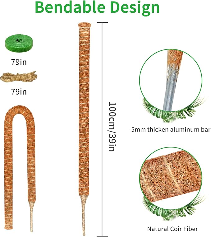 4 Pack 39 Inch Moss Pole Monstera Plant Support, Coir Moss Poles for Climbing Indoor Plants, Bendable Plant Stake Trellis for Potted Plant, Pothos, Philodendron