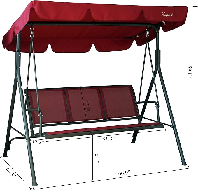 Kozyard 3-Person Outdoor Canopy Porch Swing Chair, Breathable Textilene Armrest Seat, Adjustable Shade, Heavy-Duty Powder-Coated Steel Frame Swing for Patio, Backyard, Poolside & Balcony Burgundy