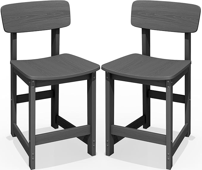 SERWALL Outdoor Bar Stools Set of 2, All Weather HDPE 25" Counter Height Bar Stools with Back, Outdoor Armless Barstools for Patio, Garden, Backyard, Balcony, Poolside, Gray