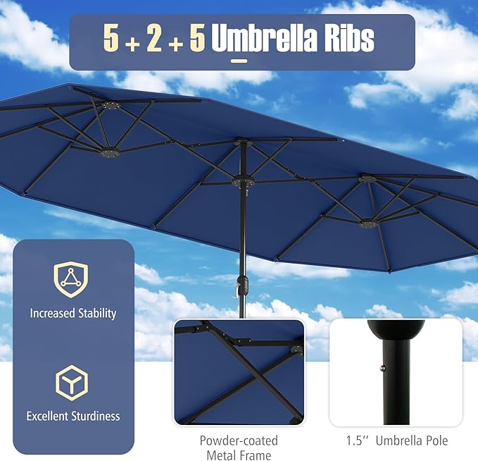 Tangkula 9 Piece Rattan Outdoor Dining Set with 13Ft Umbrella for 6, Outdoor Wicker Table Set with 6 Cushioned Armchairs, Acacia Wood Top, Outdoor Umbrella & with Base Included
