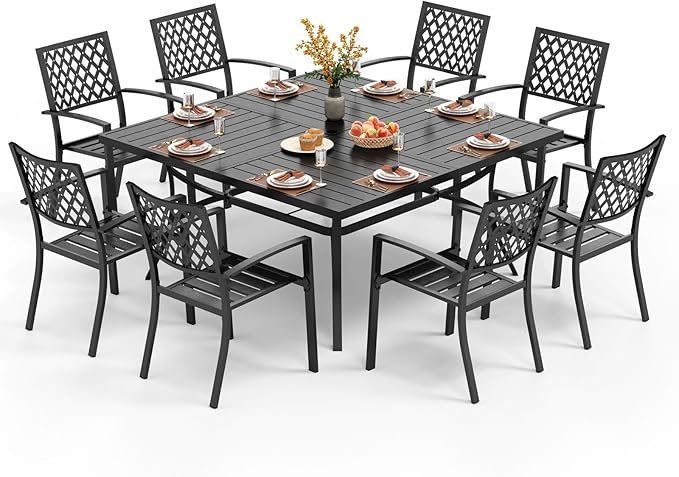 PHI VILLA 9 Piece Outdoor Dining Set for 8, 60" Metal Square Table with Umbrella Hole & Stackable Wrought Iron Chairs, All Weather Large Furniture Set for Patio, Deck, Backyard, Porch - Black